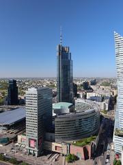 View of Złote Tarasy shopping center and under construction Varso Tower from Palace of Culture and Science in Warsaw