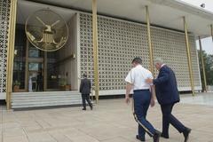Secretary of Defense Chuck Hagel visiting the American Embassy in New Delhi, India on August 8, 2014