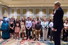 U.S. Secretary of State John Kerry thanking Embassy New Delhi staff for US-India Strategic Dialogue efforts