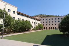 Artificial turf common area in Summit Village student housing with benches and trees