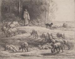 The Shepherdess painting by Jean-François Millet depicting a woman in rural attire tending sheep in a pastoral landscape