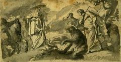 St Corbinian of Freising with a bear depicted in brown ink and gray wash artwork