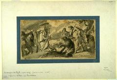 St. Corbinian of Freising and the Bear depicted in brown ink and gray wash artwork
