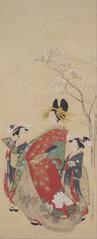 Traditional Japanese artwork of a beauty under cherry blossoms