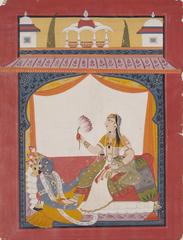 Krishna massaging the feet of Radha in a traditional Indian painting from Punjab Hills depicting a scene possibly from the Gita Govinda