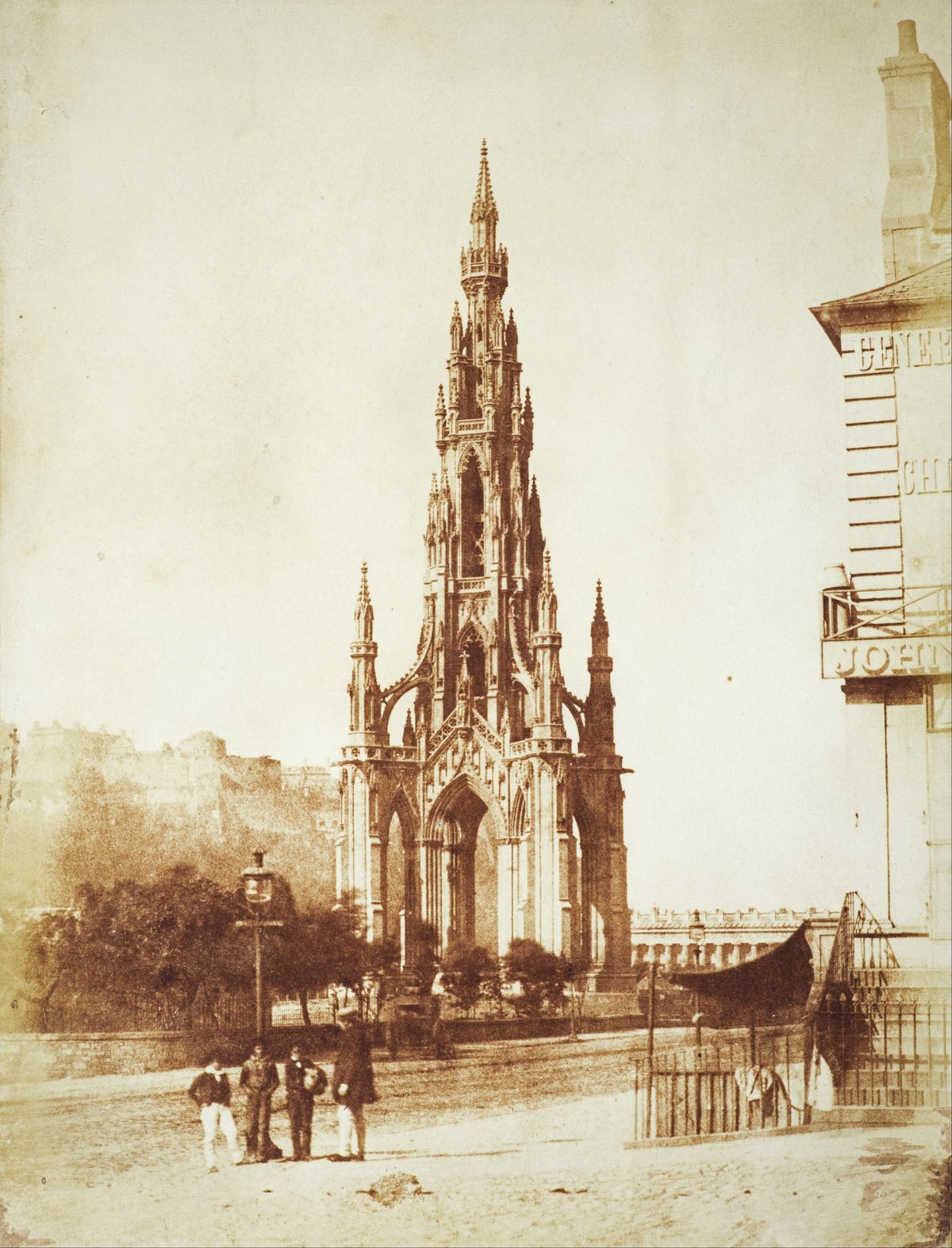 Scott Monument in Edinburgh, Scotland captured in a black and white historical photograph