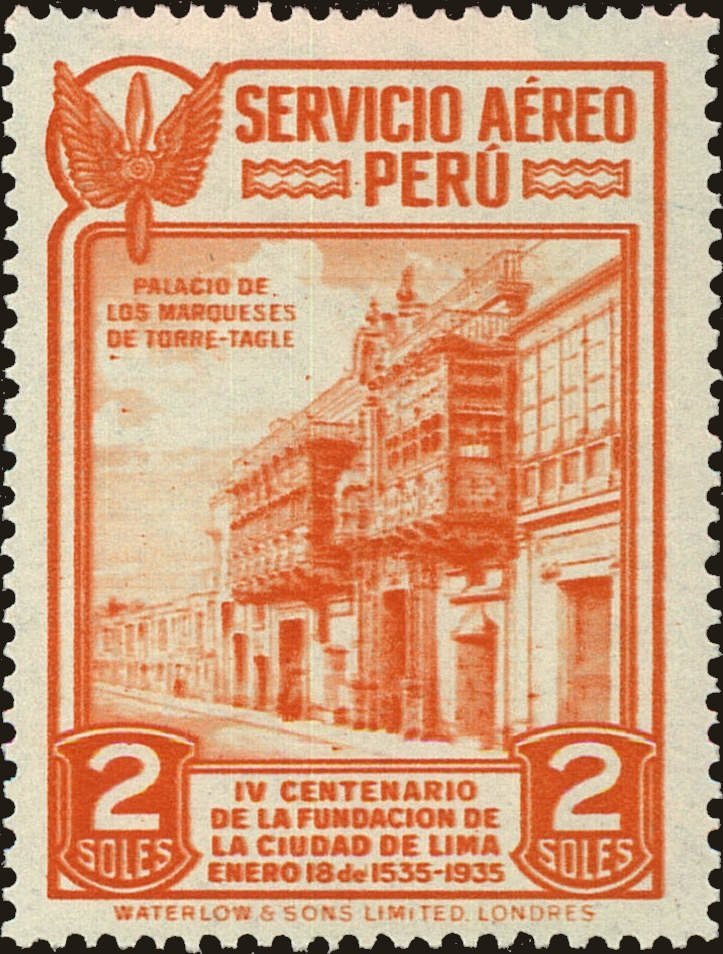 Vintage postage stamp of Palacio de los Marqueses de Torre Tagle in Lima, Peru, printed by Waterlow & Sons in 1935