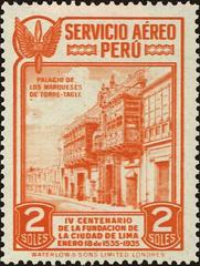 Vintage postage stamp of Palacio de los Marqueses de Torre Tagle in Lima, Peru, printed by Waterlow & Sons in 1935
