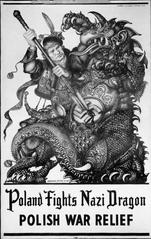 1943 US World War II poster by Arthur Szyk depicting Poland fighting a Nazi dragon, Polish war relief effort illustration