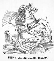 Cartoon of Henry George riding a free trade horse slaying landlordism dragon with taxation of land-values spear