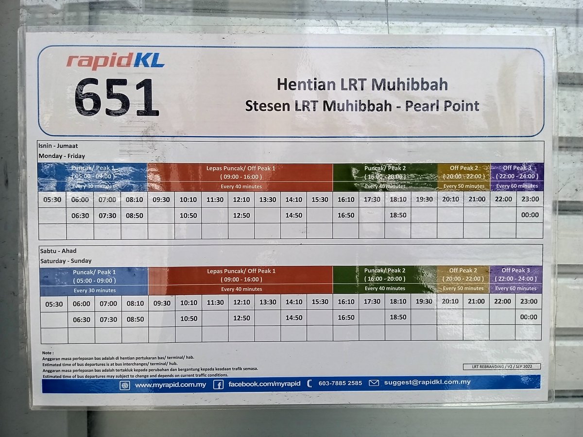Rapid KL bus route 651 timetable at Muhibbah LRT Station Kuala Lumpur