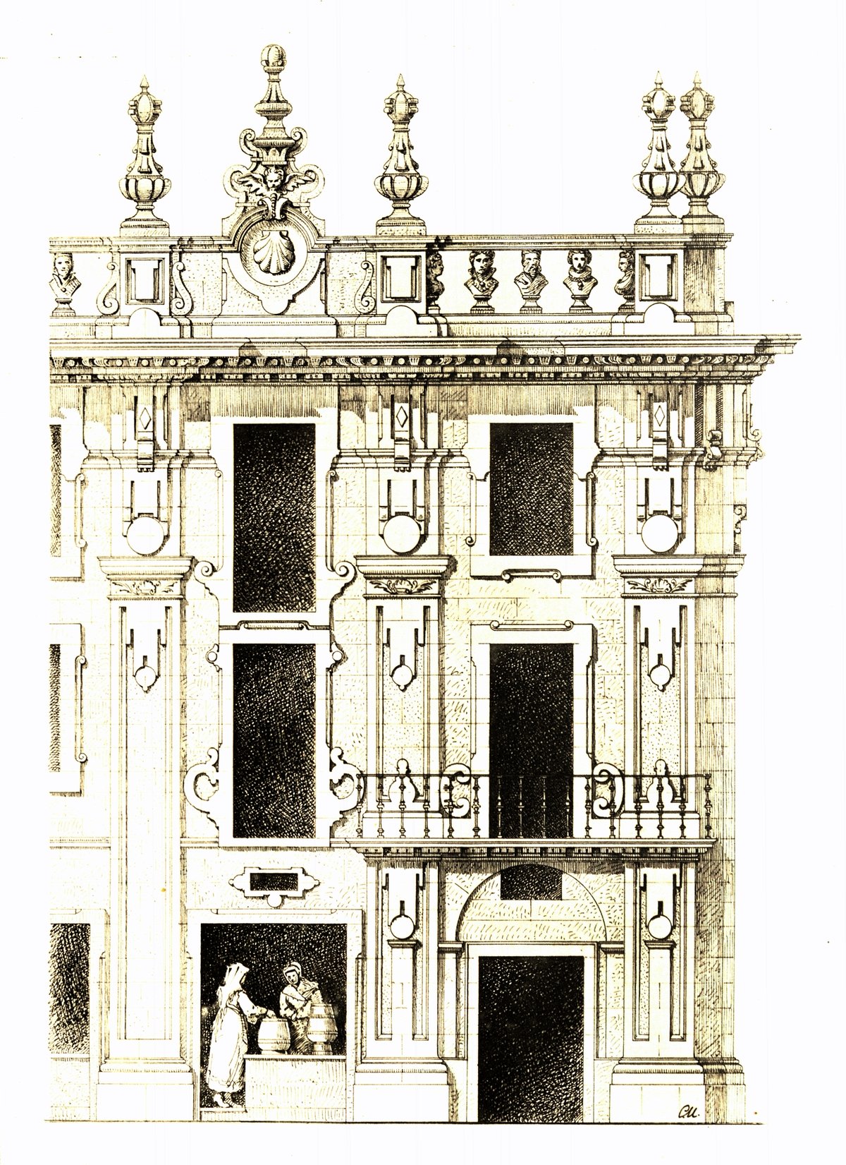 Architectural drawing plate 6 from Constantin Uhde's 1888-1889 travel documentation of monuments in Spain and Portugal, featuring detailed facade of La Plateria in Santiago de la Compostela