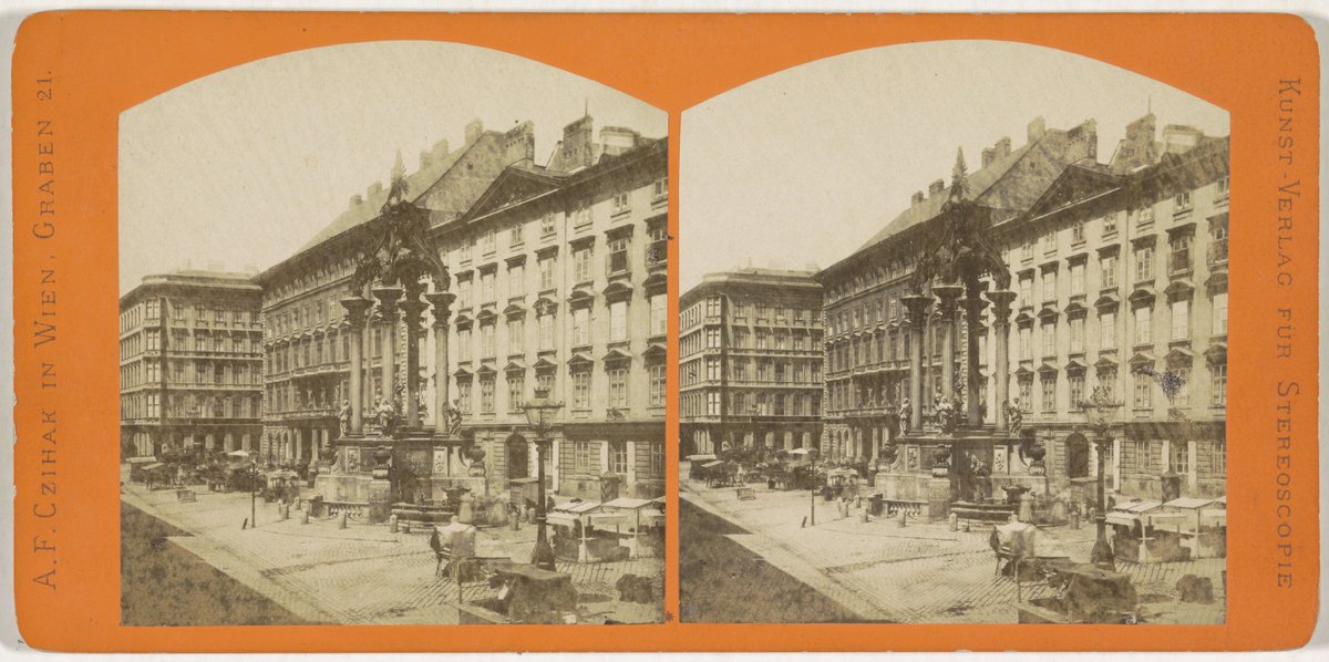 De Vermählungsbrunnen or Huwelijksfontein ornamental fountain at Hoher Markt, Vienna, historic stereophoto from 1863-1876