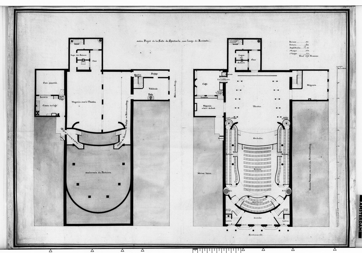 Architectural floor plan of De Kleine Komedie basement and main hall with orchestra pit, seating, and café