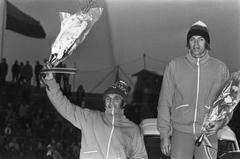 Ice skating competition with athletes Bols and Schenk receiving flowers at first ISSL World Cup for professionals at De Uithof, The Hague, January 6, 1973