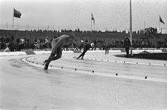 Ard Schenk competing in 500 meter speed skating race at the first ISSL World Cup for professionals on De Uithof ice rink in Den Haag, January 1973