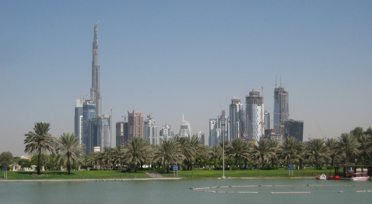 View of Downtown Burj Dubai and Business Bay from Safa Park in Dubai