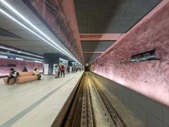 Interior of Lehel tér M3 metro station in Budapest with blue and yellow train