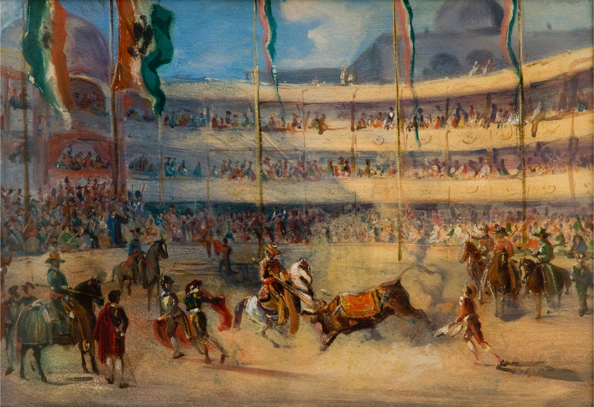 A traditional bullfight at Plaza San Pablo in Mexico City, 1831 with spectators and bullfighters