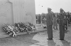 British General Mansergh at the monument honoring executed World War II soldiers, Antjol cemetery, Batavia, Indonesia, September 14, 1946