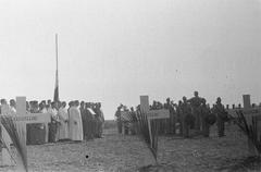 Black and white photograph from 1946 showing a WWII executed soldiers memorial ceremony at Antjol cemetery in Batavia, Indonesia