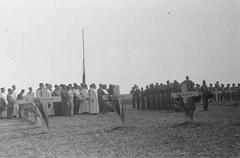 Black and white photograph of a WWII tribute ceremony for executed soldiers at Antjol War Cemetery in Batavia, Dutch East Indies, 1946