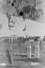 Black and white historical photograph of a World War II tribute ceremony at Antjol cemetery in Batavia, Indonesia in 1946