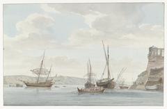 Watercolor drawing of the Jardin du Grand Maître pavilion towering above the harbor with galley ships in Malta, 1778