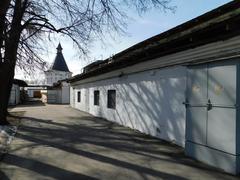 Novospassky Monastery historic buildings and church domes under cloudy sky