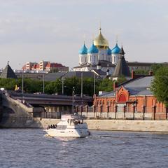 Moscow river with boats and ships on Moskva River near Krutitskaya Embankment
