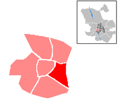 Locator map of Cortes neighborhood in Madrid city center, Spain