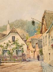 Watercolor painting of a street in Grinzing with traditional Heurigen wine taverns