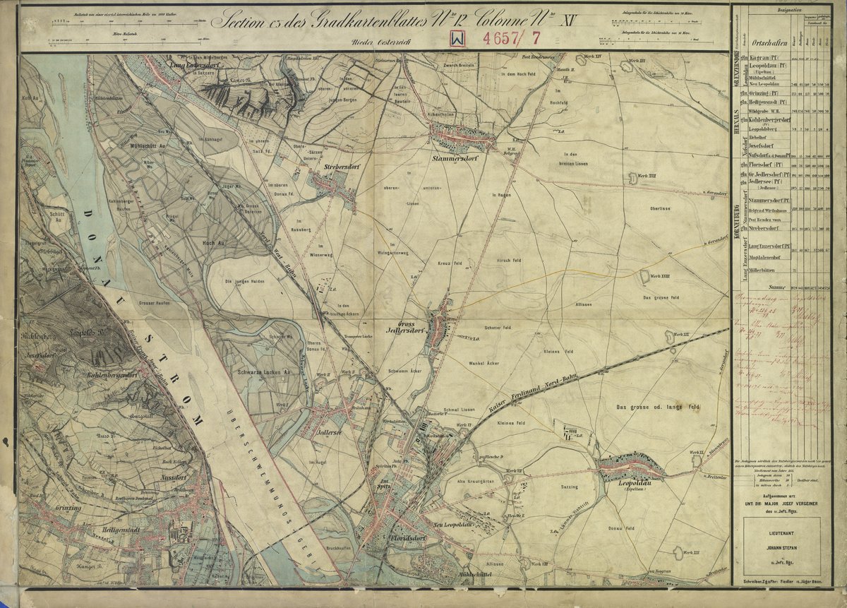 Historical map of Vienna districts Floridsdorf, Strebersdorf, Heiligenstadt and Bisamberg from the 3rd Franzisco-Josephinian survey