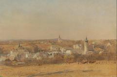 Emanuel Baschny painting of Grinzing in early spring showcasing blooming trees and charming houses