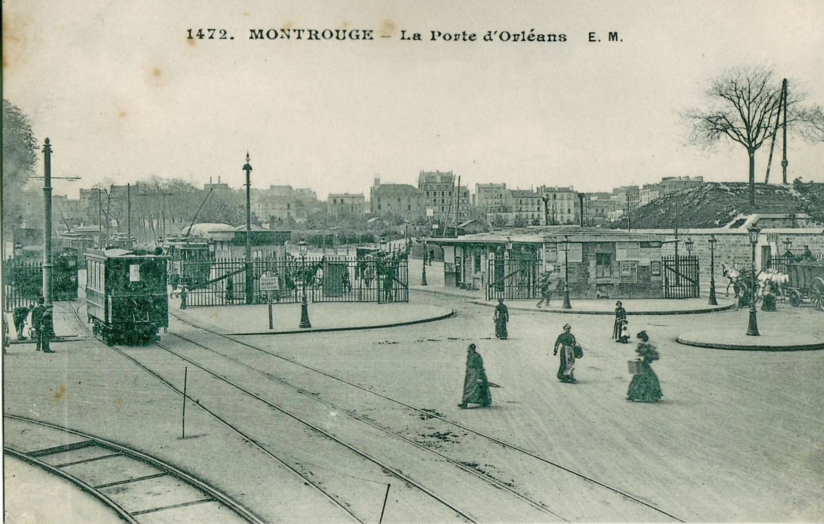 Vintage postcard of Montrouge showing La Porte d'Orléans with foreground rail tracks of the Arpajonnais