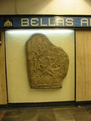Replica of the Izapa gravestone depicting a seated skeleton from the Pre Classic Mayan culture