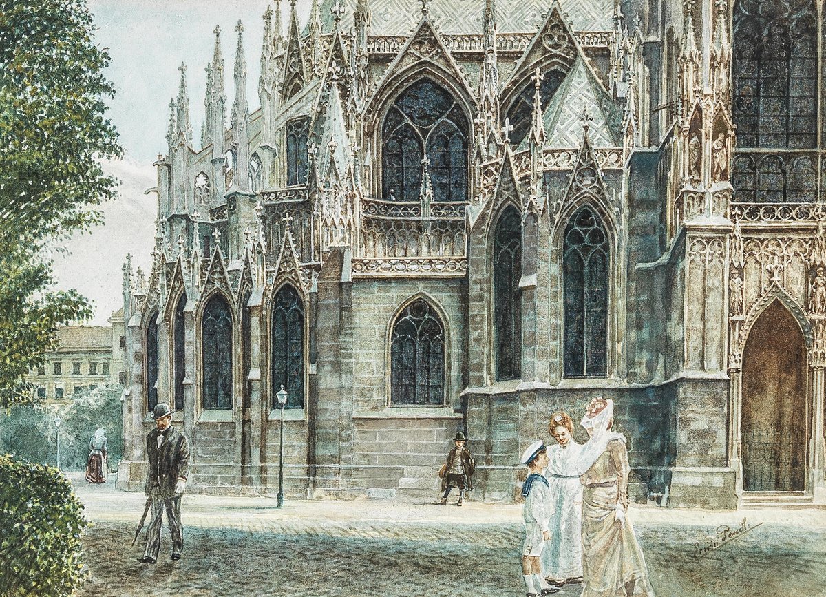 Watercolor painting of the area behind the Votivkirche in Vienna, Austria