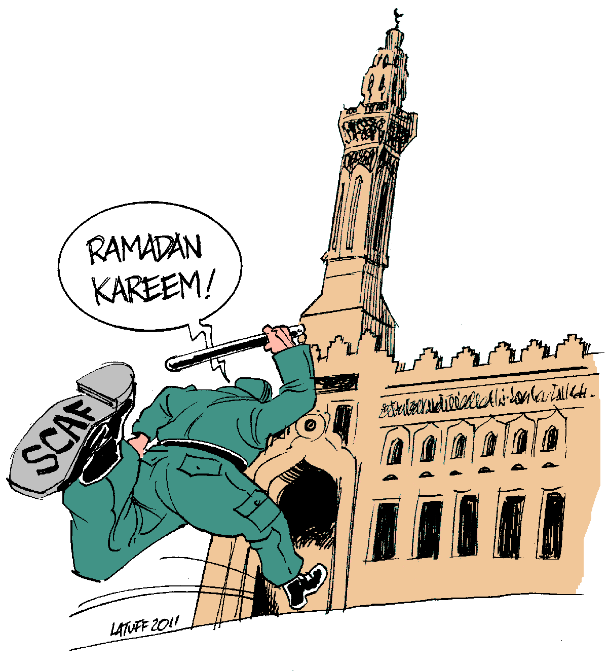 Army police chasing protesters into Omar Makram mosque in Cairo