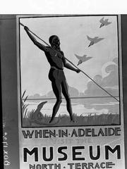 Vintage advertisement poster of the South Australian Museum showcasing an Easter exhibit with illustrations of historical artifacts and wildlife