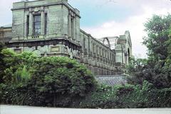 Alexandra Palace in North London after the fire on 10 July 1980, showing the NW front and NE tower