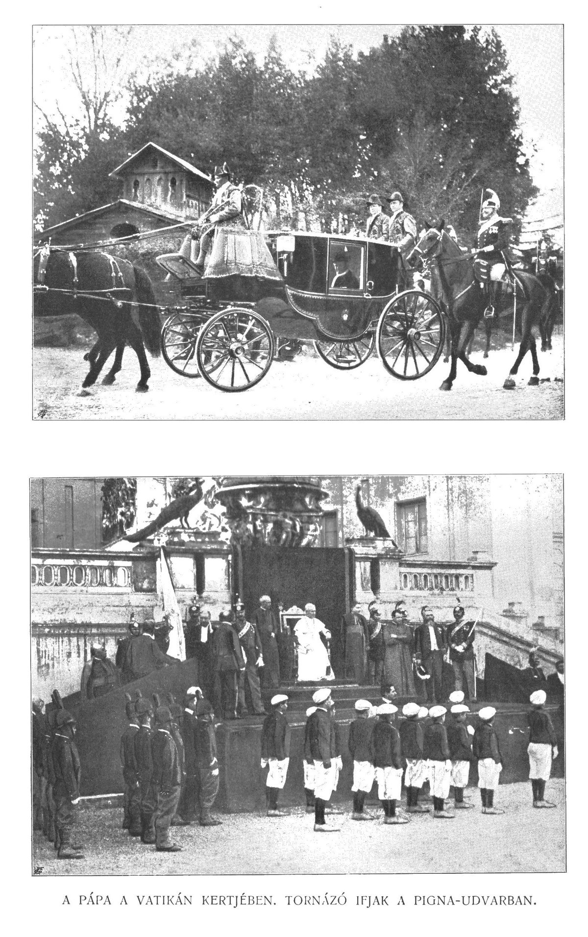 Pope Pius X in carriage with horses in Vatican garden, boys doing gymnastics in Pigna-yard