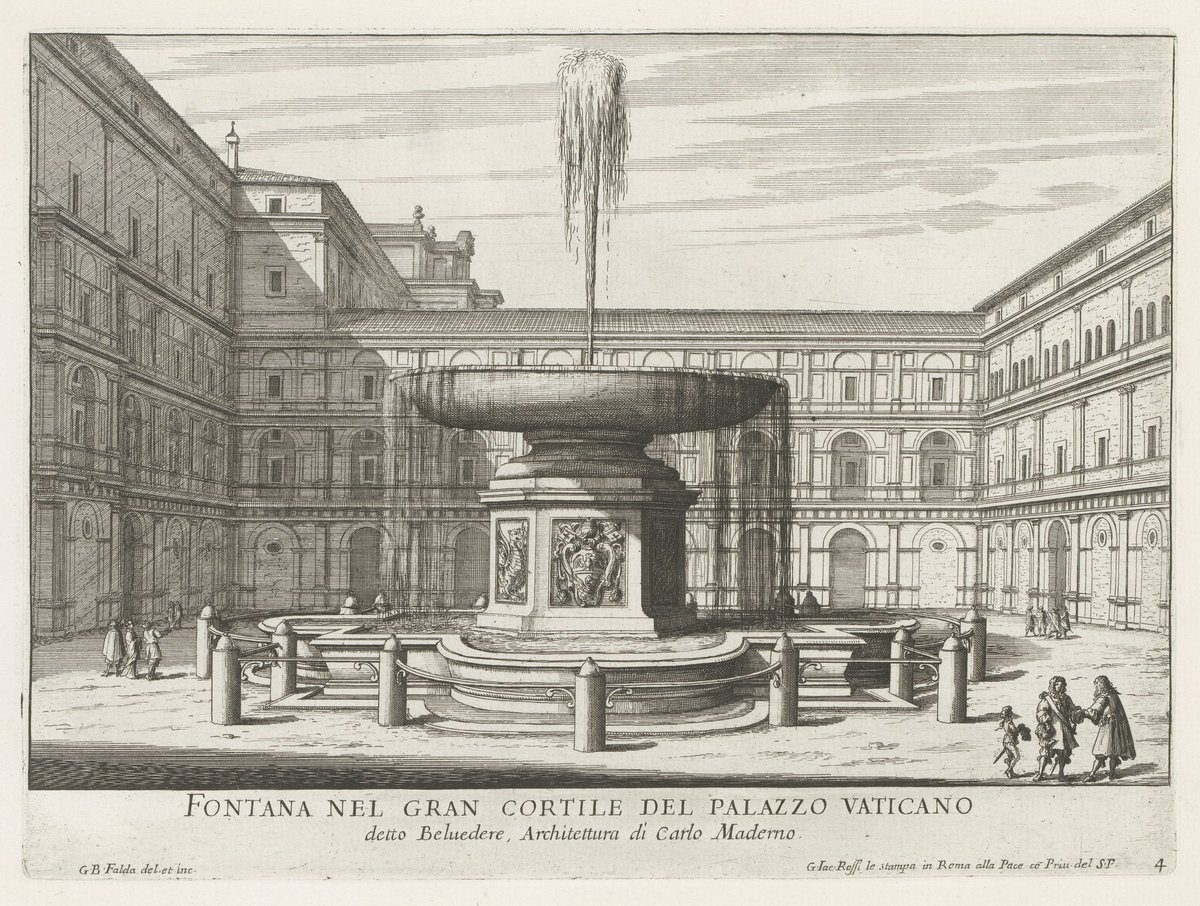 Ornamental fountain in the Cortile del Belvedere, Vatican City, detailed etching by Giovanni Battista Falda from 1653-1691