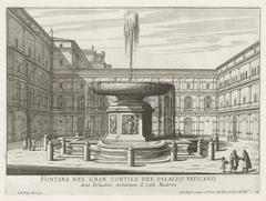 Ornamental fountain in the Cortile del Belvedere, Vatican City, detailed etching by Giovanni Battista Falda from 1653-1691