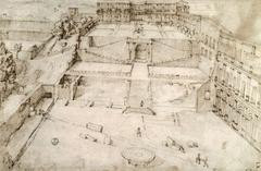 Renaissance architectural drawing of the Courtyard of the Belvedere by Giovanni Antonio Dosio based on Bramante's design
