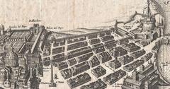 Matthäus Merian 1652 map detail of Rome showing walls and buildings between St. Peter's Basilica and Castel Sant'Angelo including Passetto and Porta Angelica