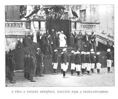 Young boys performing gymnastics before Pope Pius X in Pigna-yard Vatican