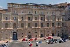 Fire station building with fire trucks in the Belvedere Courtyard Vatican City
