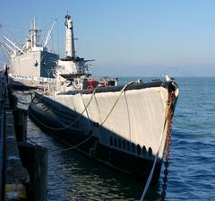 Preserved USS Pampanito submarine docked in San Francisco with SS Jeremiah O'Brien moored behind