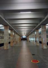 Noviye Cheryomushki Metro Station during COVID-19 pandemic with empty platform and protective measures