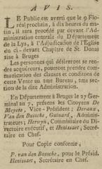 Historic announcement of the sale of Sint Donaaskathedraal published in Gazette van Brugge on April 21, 1799